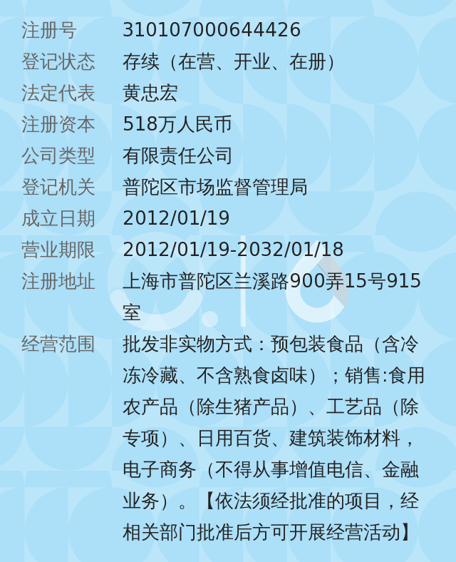2012年01月19日成立,经营范围包括批发非实物方式:预包装食品(含冷冻